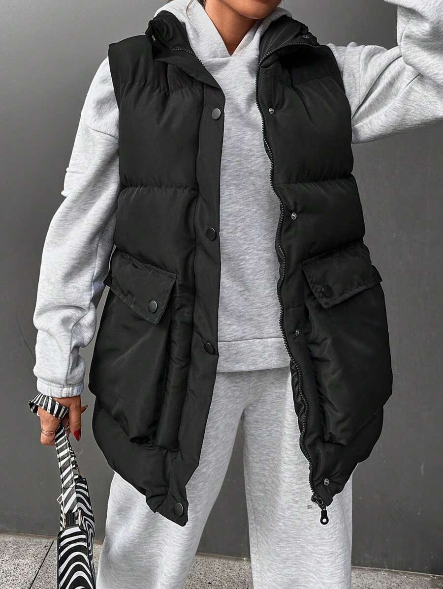 EURMUSE Flap Pocket Puffer Vest Coat - Black - View 1
