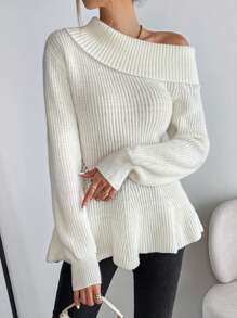 SHEIN Privé Cổ không đối xứng Lưới Thả vai Xoay eo Áo len - trắng - Xem 3