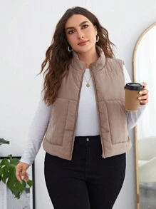 SHEIN LUNE 拉链背心加厚外套 - 卡其色 - 查看 1