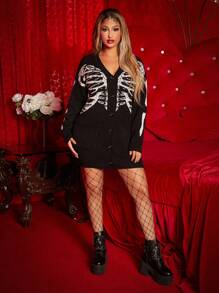SHEIN SXY Skeleton Pattern Drop Shoulder Cardigan - Black and White - View 5