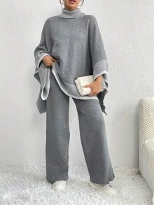 Turtleneck Batwing Sleeve Sweater & Knit Pants - Grey - View 3