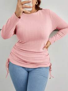 SHEIN Essnce Plus Drawstring Side Tee - Pink - View 1