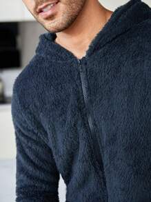 男士拉鏈開襟連帽絨毛連體睡衣