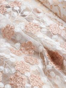 SHEIN MOD 花卉圖案提花刺繡網紗拼塊繫腰帶連衣裙 - 杏色 - 查看 4
