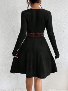 SHEIN Frenchy Guipure Lace Insert Surplice Neck Dress Winter Black - Black - View 2