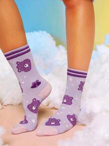 SHEIN X Care Bears 2 Pairs Women Striped & Heart Design Mid Calf Socks, Purple & Pink