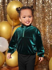 SHEIN 女孩嬰兒半拉鏈落肩袖絲絨運動衫 - 綠色 - 查看 1