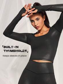 GLOWMODE Foiled Leather Effect Slimfit Square Neck Long sleeve Shirt Active Top With Thumbhole - Black - View 5