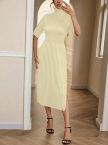 GENKIRA Solid Mock Neck Ribbed Knit Dress - Beige - View 5