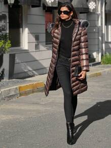 EURMUSE Áo khoác lông thú giả màu nâu đa năng dành cho nữ có cổ thắt lưng dài tay áo khoác mùa đông dài vừa phải - màu nâu - Xem 4