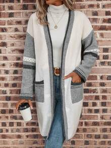 SHEIN LUNE Áo khoác cardigan trễ vai phối màu - Nhiều màu - Xem 4