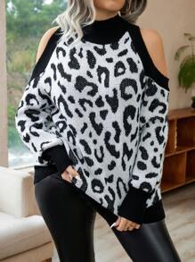 Calvaya Suéter de hombros descubiertos con estampado de leopardo, para suéter de punto de invierno y otoño - Multicolor - Ver 3