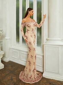 Missord Off Shoulder Sequin Mermaid Formal Dress - Khaki - View 3