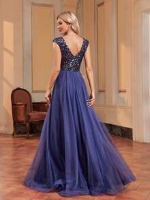 XUIBOL Robe de bal formelle avec tulle à paillettes contrastées, robe de soirée élégante pour femme, pour le bal de promo, le dîner, les cérémonies de remise de diplômes - Bleu marine - Voir 3