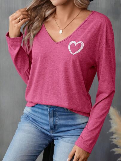 SHEIN LUNE Camiseta con hombros caídos y estampado de corazones
