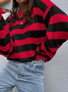 SHEIN LUNE Striped Pattern Drop Shoulder Sweater,Long Sleeve Tops Knit Pullover Fall Winter Outfit