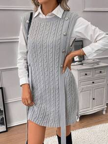 SHEIN Clasi 1pc Button Detail Cable Knit Sweater Vest - Grey - View 6