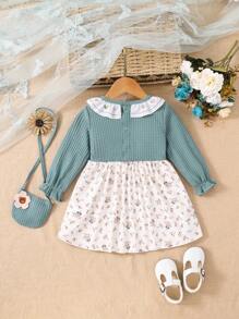 SHEIN 女嬰碎花荷葉邊喇叭袖假兩件洋裝附包 - 彩色 - 查看 2