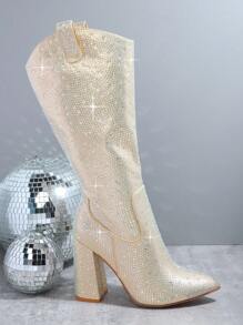 Metallic Rhinestone Decor Side Zipper Chunky Boots - Champagne - View 3