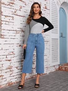 SHEIN LUNE Slant Pocket Wide Leg Jeans - Blue - View 5