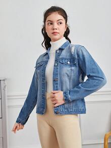青少年女孩破洞翻蓋口袋牛仔夾克 - 中等水洗藍 - 查看 4