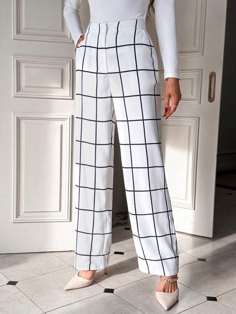 SHEIN Privé 格紋印花斜袋西裝褲 - 米色 - 查看 1
