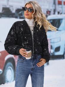 SHEIN LUNE 拉链亮片女士冬季衣服保暖加厚棉服外套 - 黑色 - 查看 4