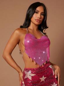 SHEIN SXY 鎖子鏈鑽石細節無背心領連衣裙 - 銀色 - 查看 4