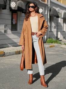 RueChic Lapel Neck Double Breasted Overcoat - Brown - View 3