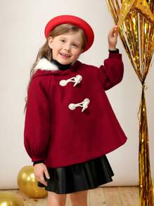 SHEIN 女小童毛茸邊連帽粗呢大衣適用於聖誕 - 酒紅色 - 查看 1