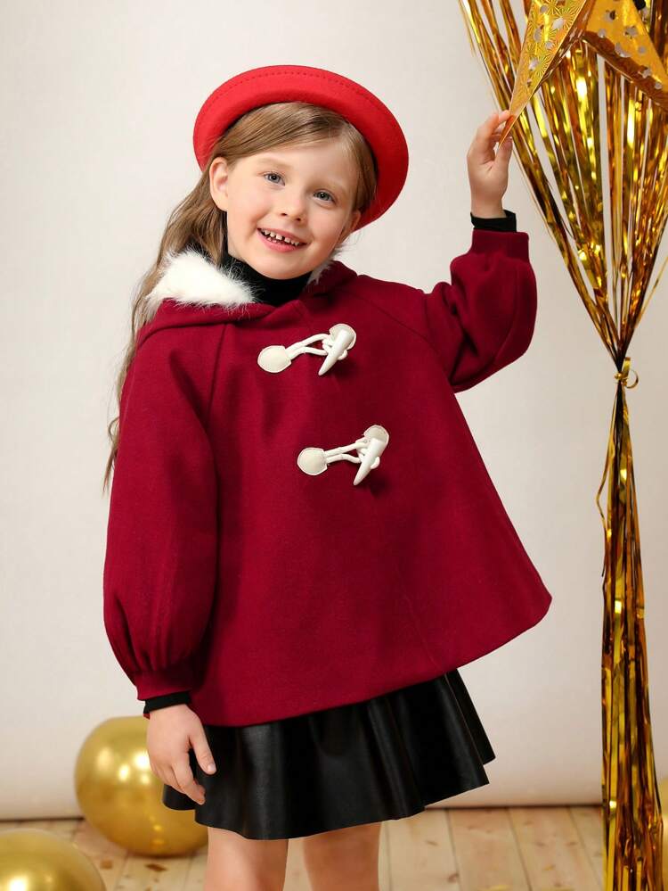 Young Girl Fuzzy Trim Hooded Duffle Overcoat for Christmas
