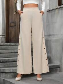 SHEIN LUNE High Waist Button Detail Wide Leg Pants - Apricot - View 3