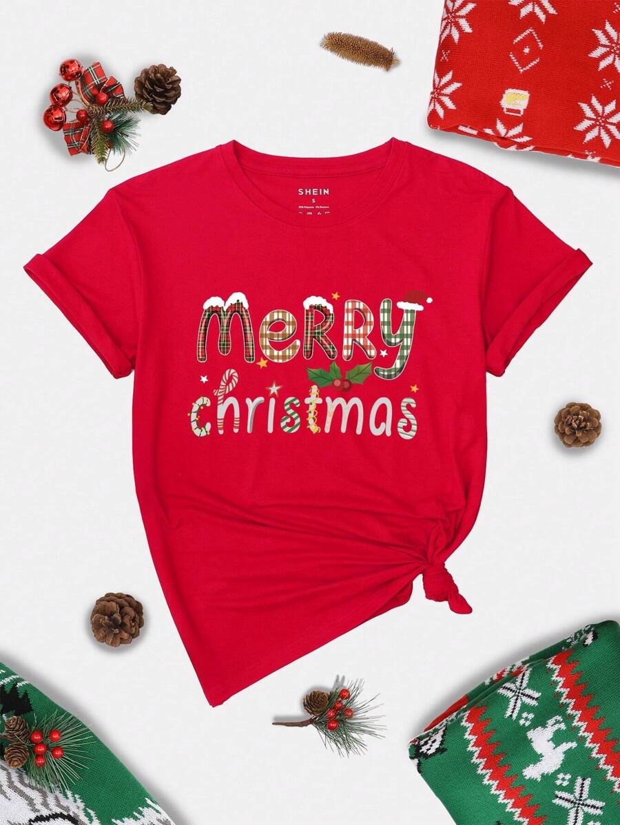 SHEIN LUNE Christmas Print Tee - Red - View 1