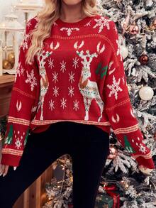 SHEIN LUNE Christmas Pattern Drop Shoulder Knit Pullover Fall Winter Sweater - Red - View 4