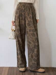 FRIFUL 花卉提花斜袋闊腿褲 - 卡其色 - 查看 3