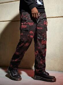 ROMWE MEN Batman X ROMWE Hombres Pantalones cargo con estampado de letra y dibujos animados de cintura con cordón - Multicolor - Ver 5