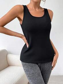 SHEIN LUNE Women's Solid Color Crew Neck Ribbed Casual Fleece Top - Black - View 6