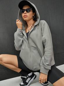 SHEIN EZwear 標語圖案拉鏈連帽衫 - 淺灰色 - 查看 5