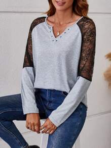 SHEIN LUNE Contrast Lace Raglan Sleeve Tee Fall Cloth For Women - Grey - View 4