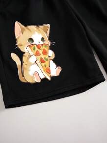 Manfinity Dauomo Men Japanese Letter Cartoon Cat Graphic Drawstring Waist Shorts - Black - View 4