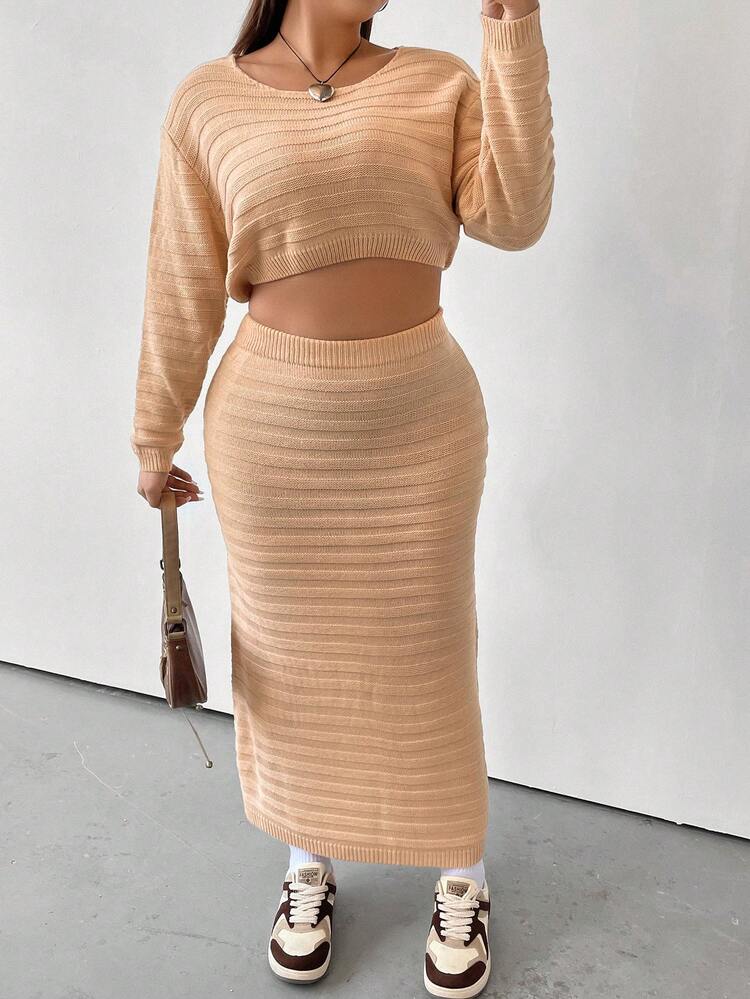 Plus Drop Shoulder Crop Sweater & Knit Skirt