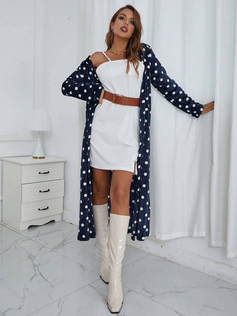 Eilly Bazar Polka Dot Print Open Front Coat - Royal Blue - View 1