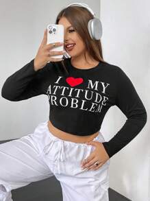 SHEIN EZwear 大碼愛心和標語圖案短款T恤 - 黑色 - 查看 3