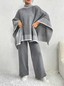 Turtleneck Batwing Sleeve Sweater & Knit Pants - Grey - View 5