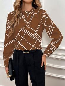 SHEIN Clasi In Địa lý Cổ giả Áo sơ mi - màu nâu - Xem 3