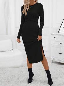 SHEIN Clasi 純色羅紋針織後繫帶開衩大腿緊身洋裝 - 黑色 - 查看 5