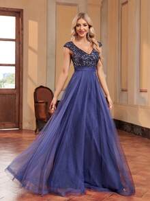 XUIBOL Robe de bal formelle avec tulle à paillettes contrastées, robe de soirée élégante pour femme, pour le bal de promo, le dîner, les cérémonies de remise de diplômes - Bleu marine - Voir 8