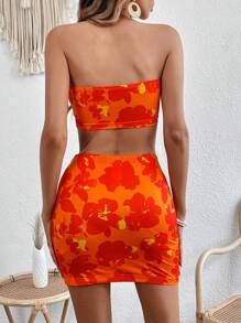 Soleia Floral Print Tube Top & Bodycon Skirt - Orange - View 2