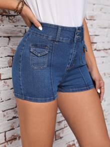 SHEIN Essnce 有蓋口袋牛仔短褲 - 中等水洗藍 - 查看 5