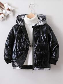 SHEIN Young Boy Plaid Zip Up Hooded Padded Coat Without Sweater